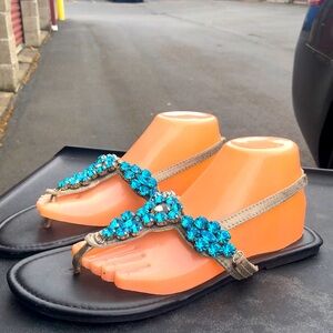 Studio S Women’s Turquoise Rhinestones Beaded  Flat Sandals Size 10.5